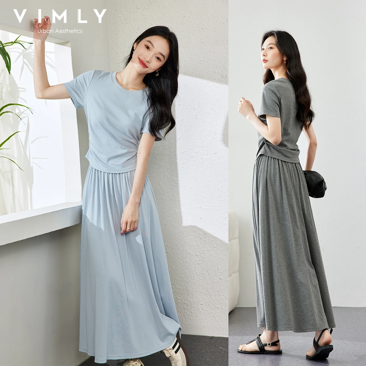 VIMLY Summer Casual Skirt Set Woman Outfits Cotton Short Sleeve Top Elastic Waist Skirt Two Piece Solid Women Skirt Set M7669