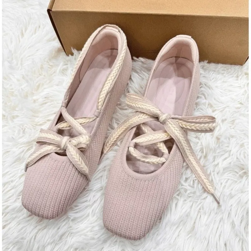 Zapatos de Ballet con Cordones Cruzados Tejidos para Mujer, Primavera 2026, Nuevos Zapatos Planos Mary Jane con Punta Cuadrada