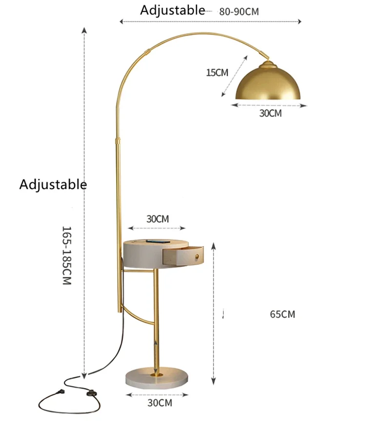 2023 New Modern Modern LED Wireless USB Charger Gold Black Metal Floor Lamp with Drawer  Living Room Beside Floor Lamp