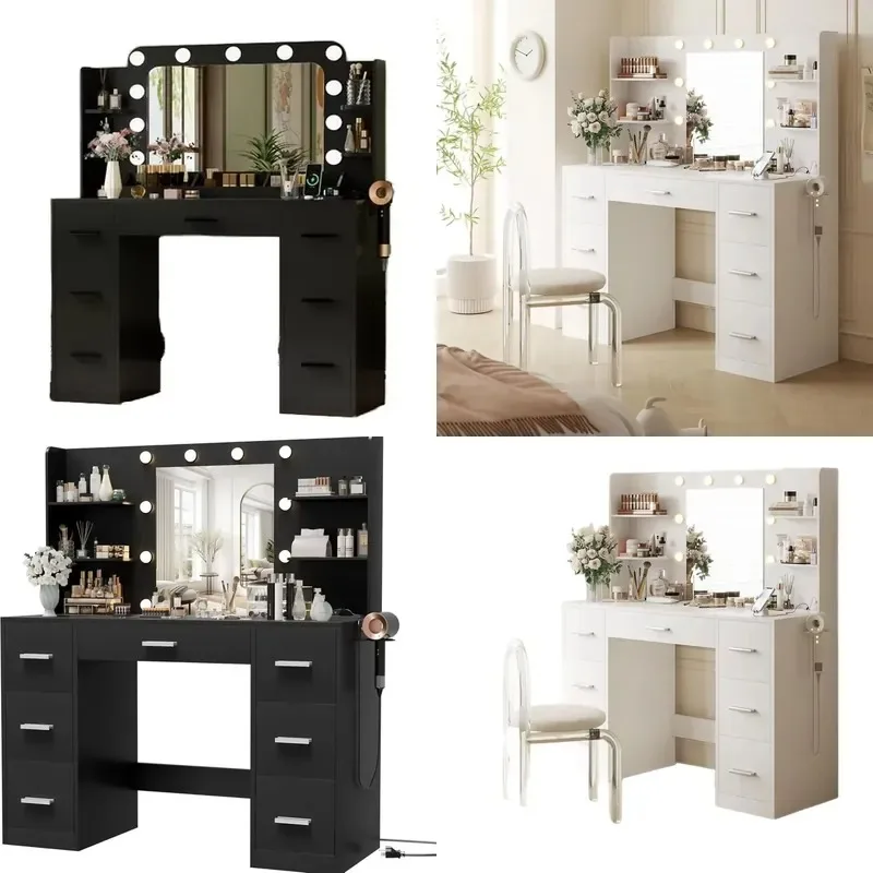 Modern Minimalist Integrated Lighted Vanity with Mirror and Storage Drawers for Bedroom Corners