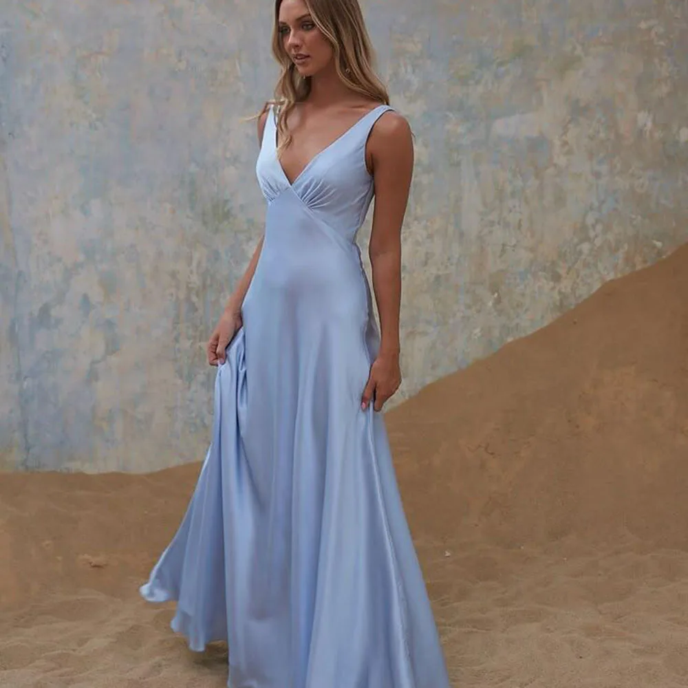 

Baby Blue Evening Dresses Women V Neck Sleeveless Formal Occasion Floor Length Sweep Train Female Gowns Classic 2025 Popular