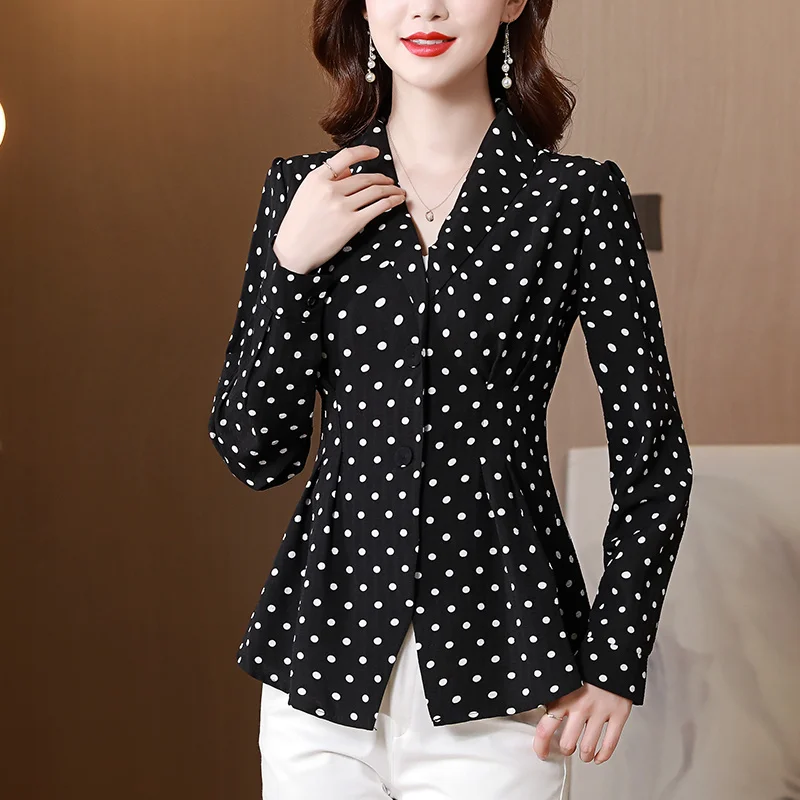 #2567 Polka Dot Women Tops Office Lady OL Shirt Button Slim Folds Shirt Notched Neck Puff Sleeve Black White Spring Autumn 2023