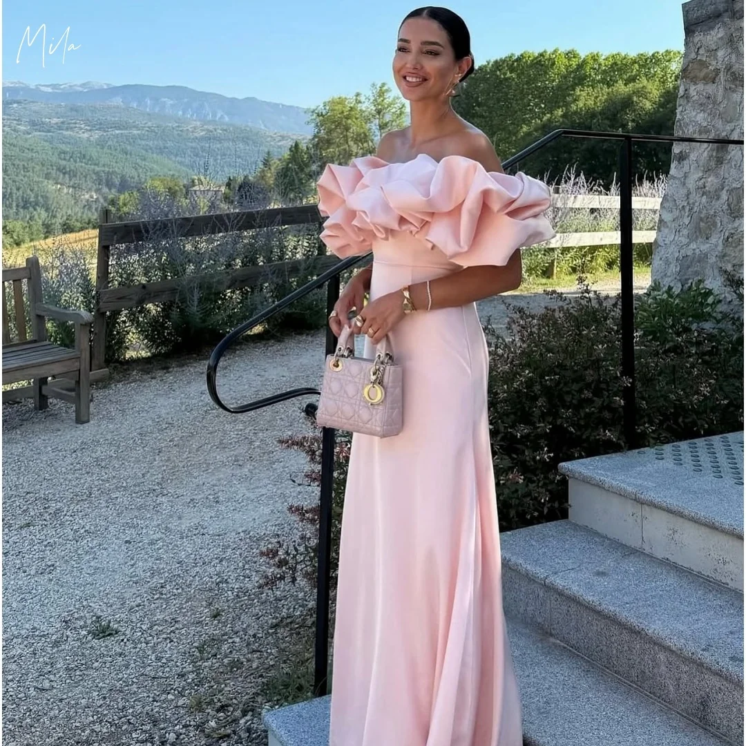 

Mila Blush Satin Off-Shoulder Prom Dresses Customized Formal Evening Ruffled Puff-Sleeve Floor-Length Gown vestidos de gala