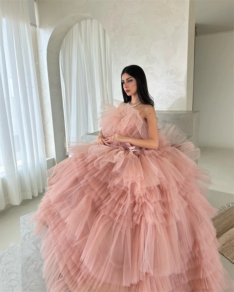 Eightree Pink Tulle Evening Party Dresses Tiered Pleats A Line Luxury Prom Dress Spaghetti Straps Princess Bow Fairy Formal Gown