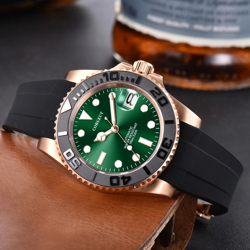 โลโก้ที่กําหนดเอง Luxury Sapphire คริสตัล NH35 Miyota อัตโนมัตินาฬิกา Rose นาฬิกาผู้ชาย 10Bar ว่ายน้ําวันที่ชายนาฬิกา