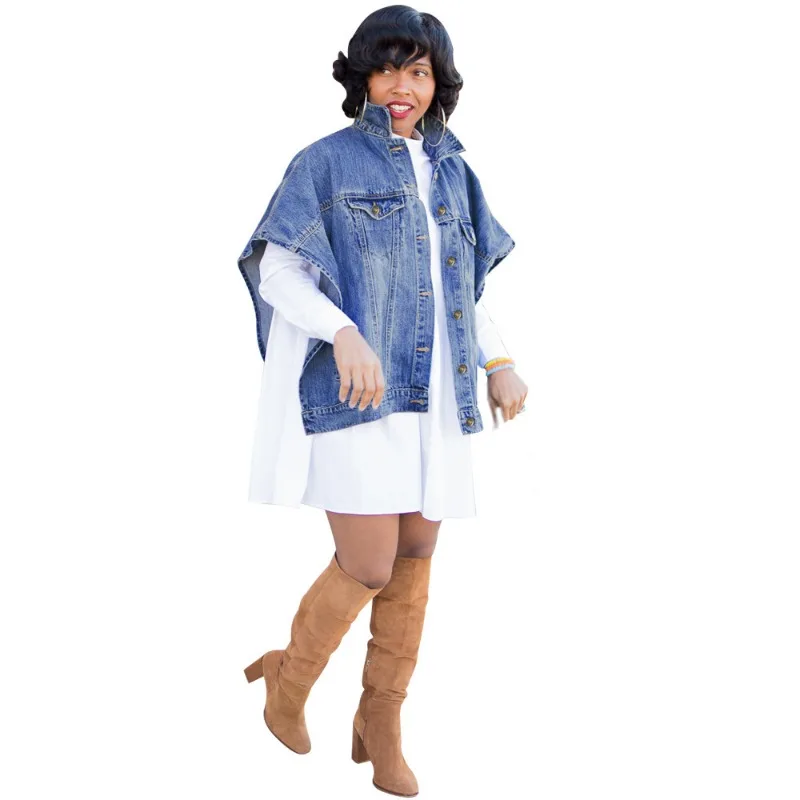 Women  New  Lightweight  Casual  Pockets  Design  Fashion  Loose  Fall  Lapel  Denim  Loose  Ripped  Long Sleeve  Short  Shawl