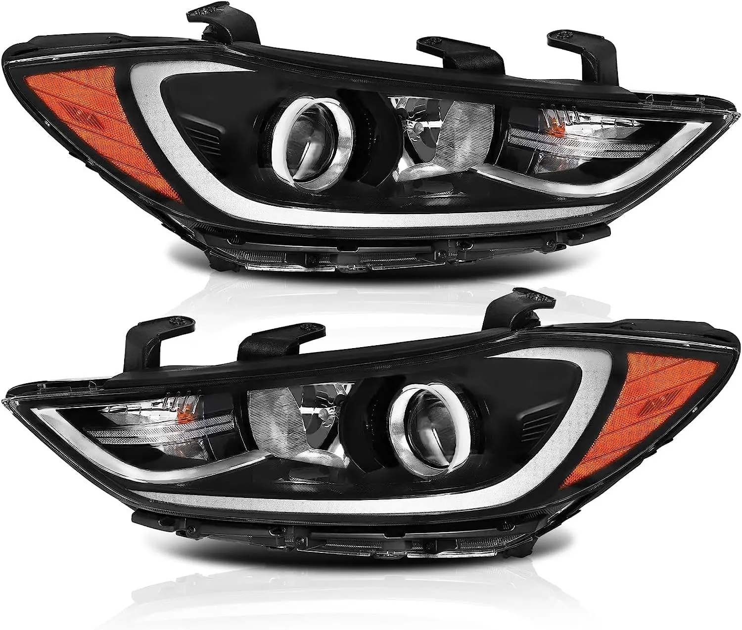 Halogen Headlight Assembly Compatible with 2017 2018 Elantra - Clear Lens, Black Housing, Amber Reflector, Driver and Passenger