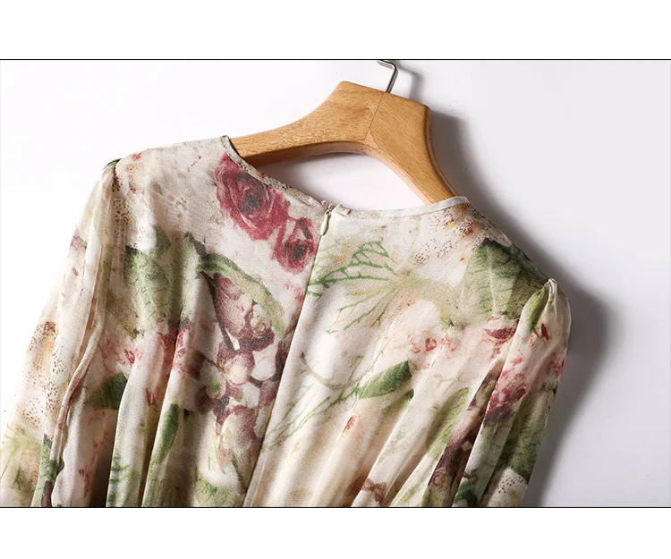 Silk Print Dresses for Women, Satin Short Sleeves, Loose Summer Casual Floral Empire Dress, Ladies O-Neck Clothing, Ne