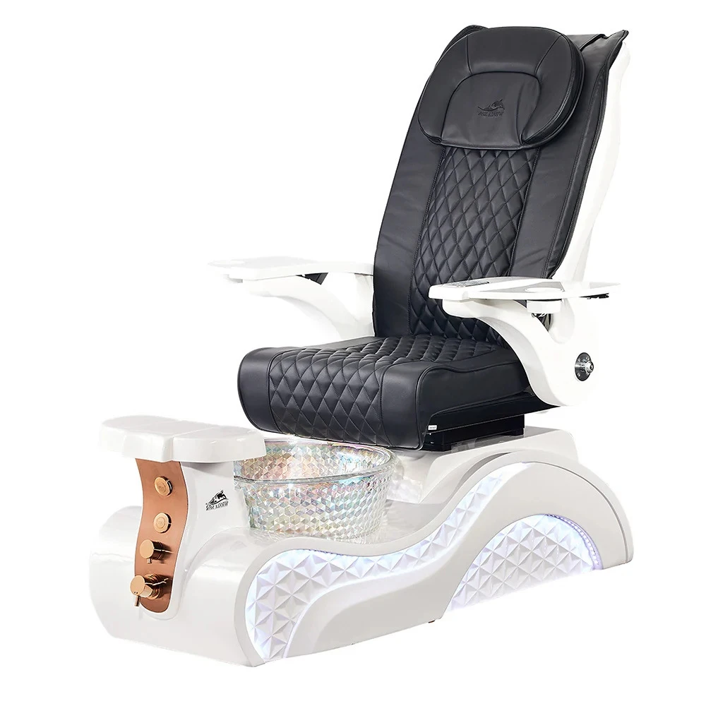 Luxury Black PU Pedicure Spa Chair Reclining Nail Salon Pedicure Chair with Glass Foot Basin & Blue LED Light Beauty Furniture
