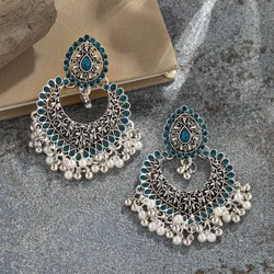 Vintage Indian Earrings Ethnic Pearl Bells Tassels Rhinestones Earrings Women's Bohemian Love Shaped Water Drop Earrings Jhumka