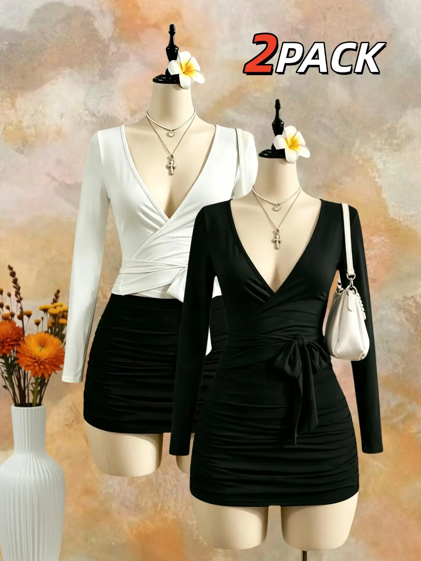 2 Pack Women Deep V Wrap Cross Self Tie Waist Long Sleeve Crop T-Shirt Slim Fit Solid Basic Crossover Wrap Top For Daily Club Ou