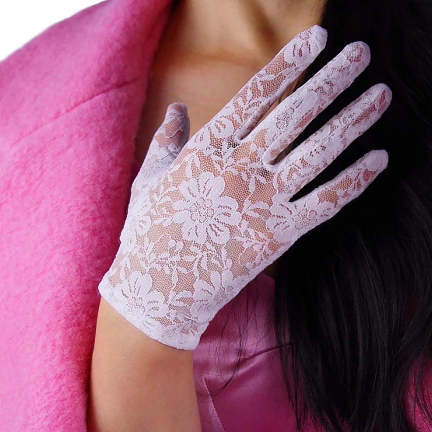 DooWay Women's White Lace Short Gloves Evening Party Wedding Dressing Nightclub Queen Christmas Costume Cosplay Finger Glove