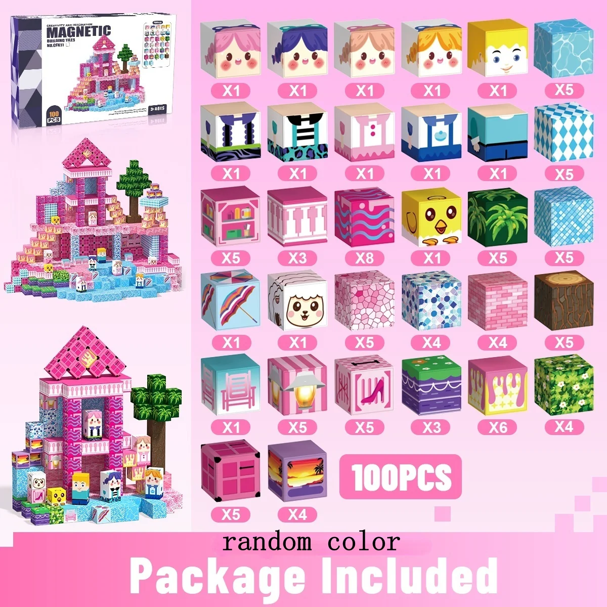 100 stuks magnetische bouwsteen kasteel magnetische kubus bouw- en stapelset STEM-leerspeelgoed, verjaardagscadeau