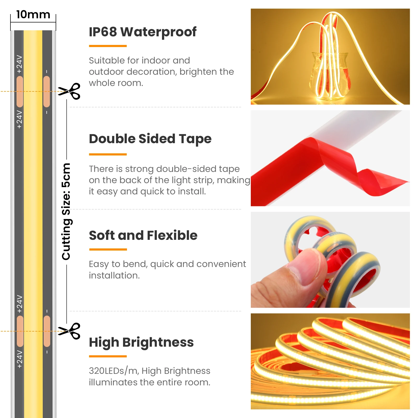 1M-20M IP68 Waterdichte COB LED Strip 12V 24V Zwart PCB 320 LEDs/m RA90 Flexibele Tape Lint Voor Kamer Keuken Outdoor Tuin Licht
