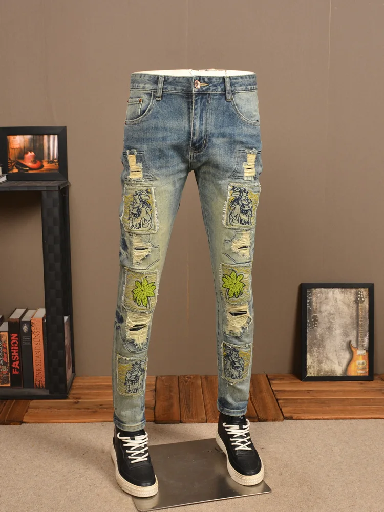 

Retro Make Old Ripped Jeans Men's Pu Handsome Stretch Slim Fit High-End Embroidery Scrape Patch Style Motorcycle Trousers