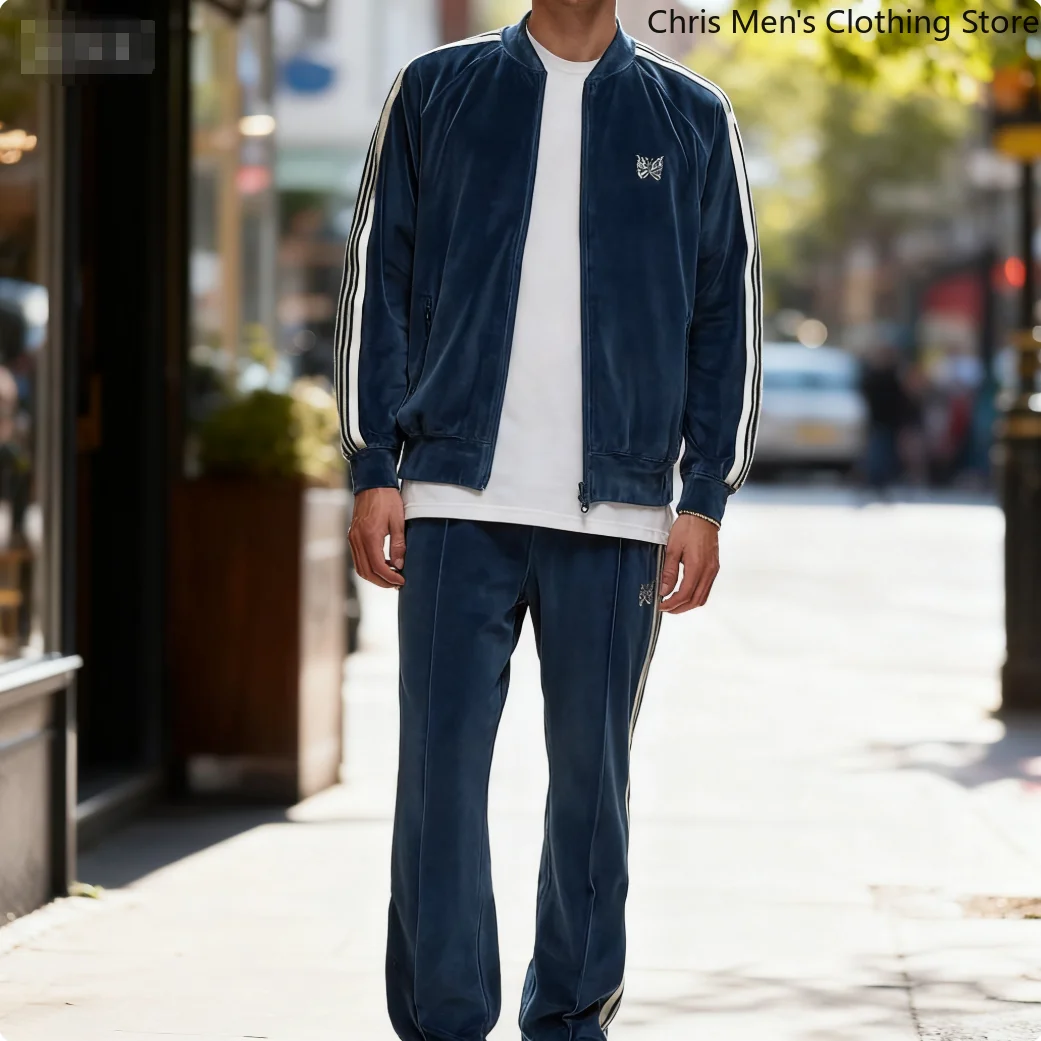 

Premium Blue Men's Coat Loose Fit Embroidery Velvet Jaet Casual Spor Sle Blue Vintage Needle Tra Men's Coat Youth Daily Wear