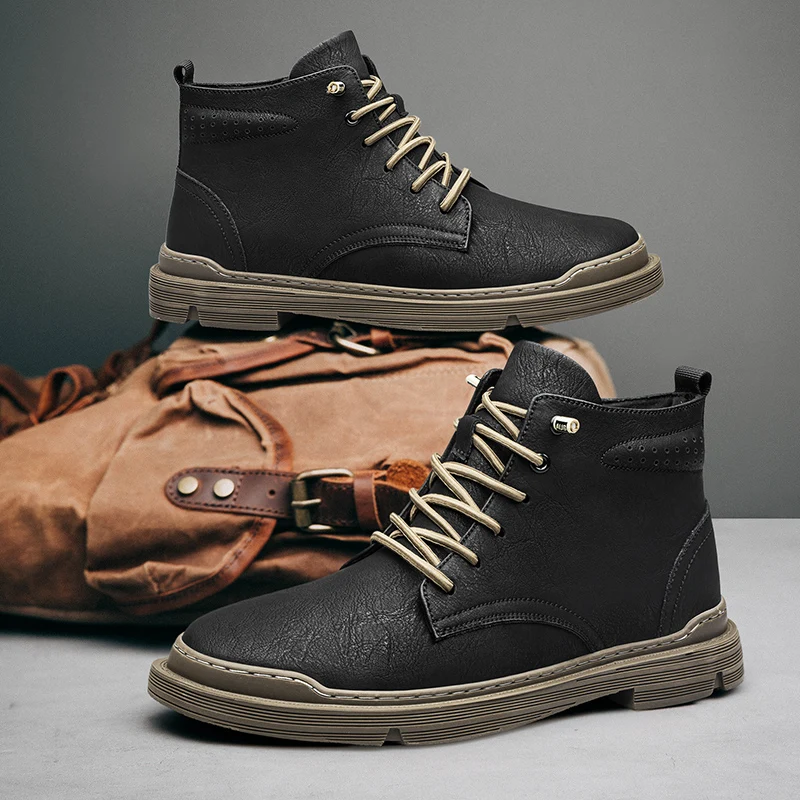 Contemporary Wide Fit Boots Matte Finish & Low Heel Modern Streetwear lace up oxfords ankle boots outdoor fashion men shoes