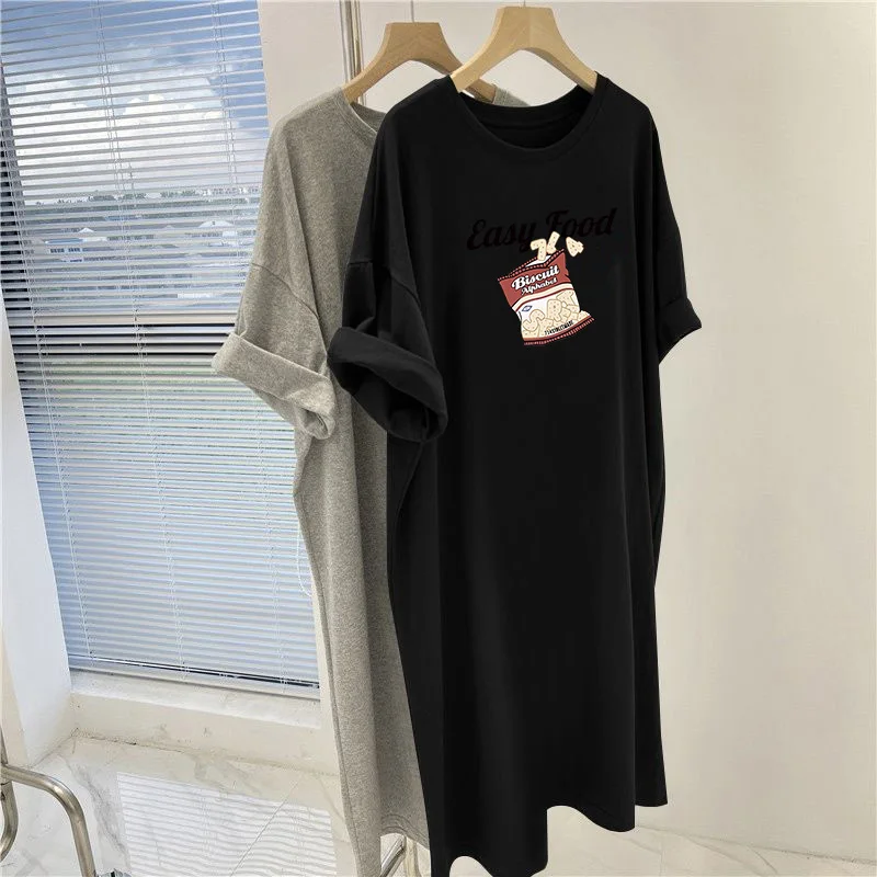 Sommer Cartoon Brief gedruckt gerade Kleid, Frauen Kleidung Vintage knielange Tunika, lose lässige O-Neck Pullover Kleider