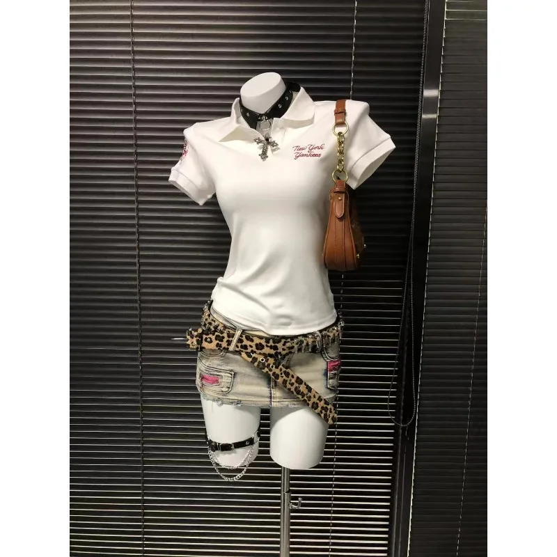 

American Retro Hottie T-shirts Harajuku Aesthetic Print Polo Collar Tshirt Subculture Slim White Tees Women's Street Fashion Top