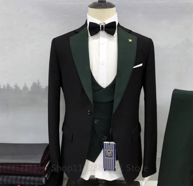 Nuovo Set da uomo vestito nero bordo arancione colletto in piedi Business formale Set da tre pezzi da sposa di lusso (giacca + pantaloni + gilet)