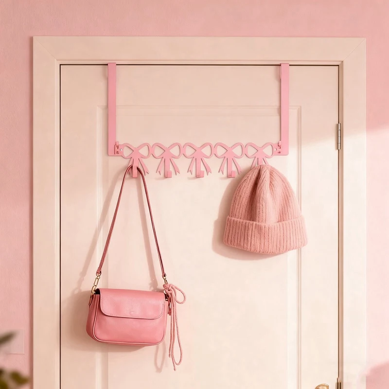 1pc Pink Heart Over The Door Hooks Hanger Wall Mount Towel Hanger Door Holder Organizer 5 Hooks Detachable Iron Bow Hooks view 5