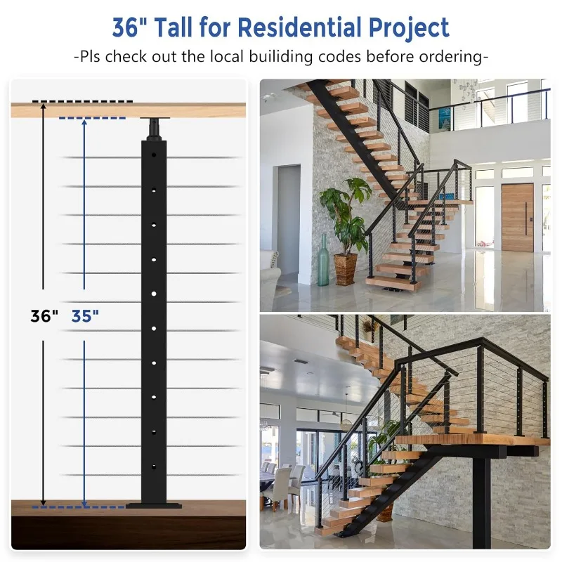 Confezione da 4 pali per ringhiera per cavi da 36", pali forati orizzontali regolabili per montaggio superiore con occhielli per cavi