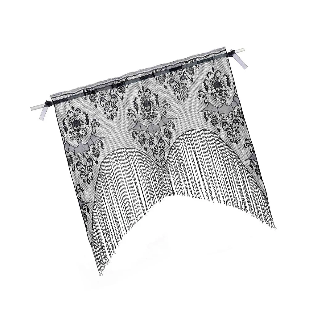 Cortina de porta com borla de caveira preta, decoração de banner de halloween, reutilizável, dentro de casa ao ar livre, cortinas transparentes de renda de corvo, atmosfera de festa