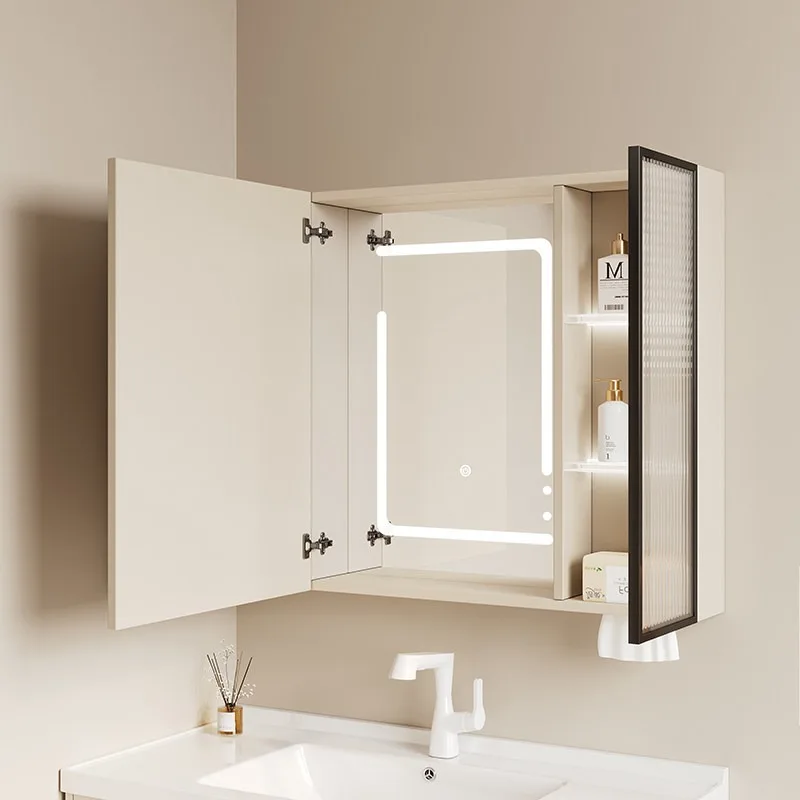 Cream space aluminum flip open intelligent hidden separate bathroom mirror cabinet wall hanging feng shui mirror storage cabinet