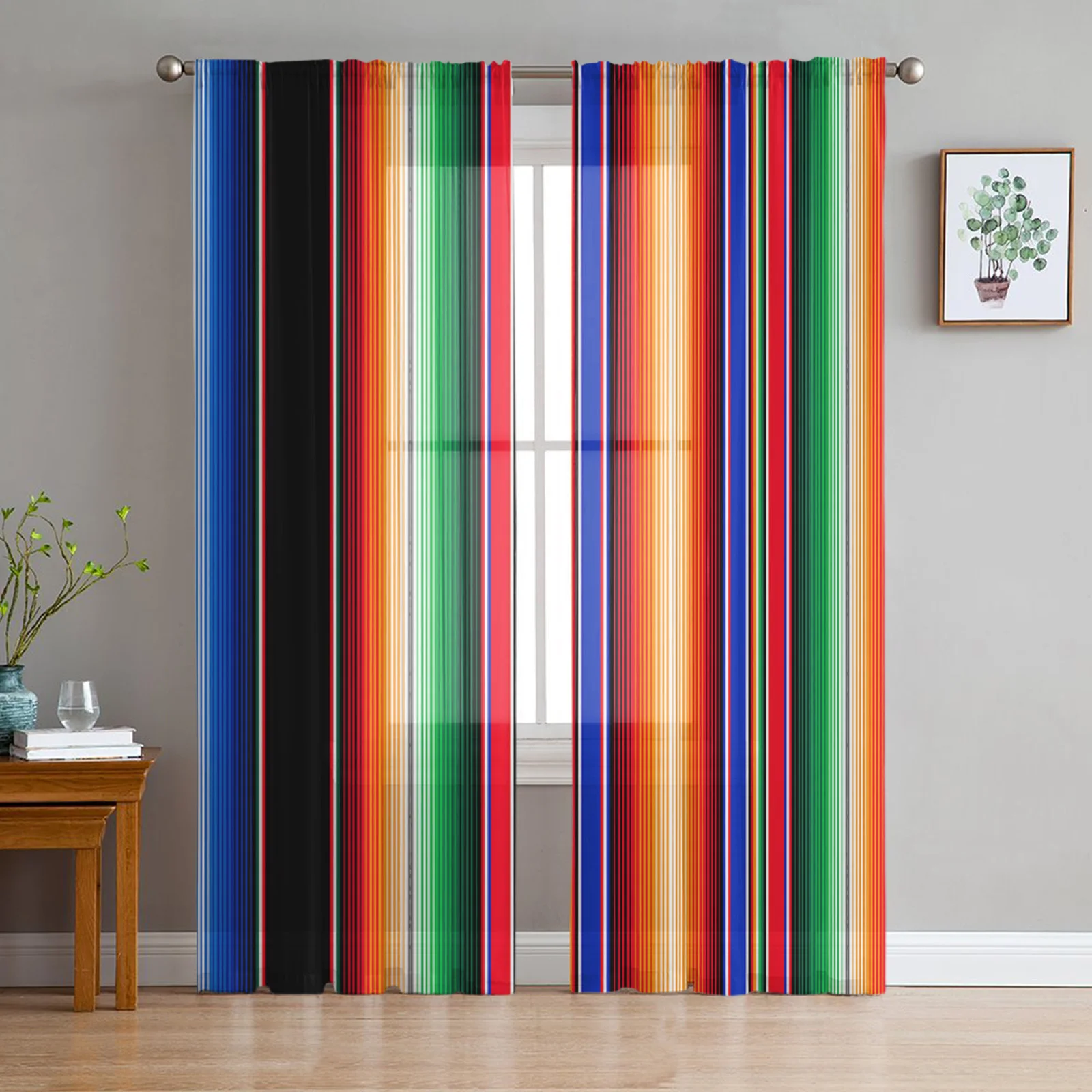 

Mexican Stripes Colorful Stripes Sheer Curtains For Living Room Window Transparent Voile Tulle Cortinas Drapes Home Decor