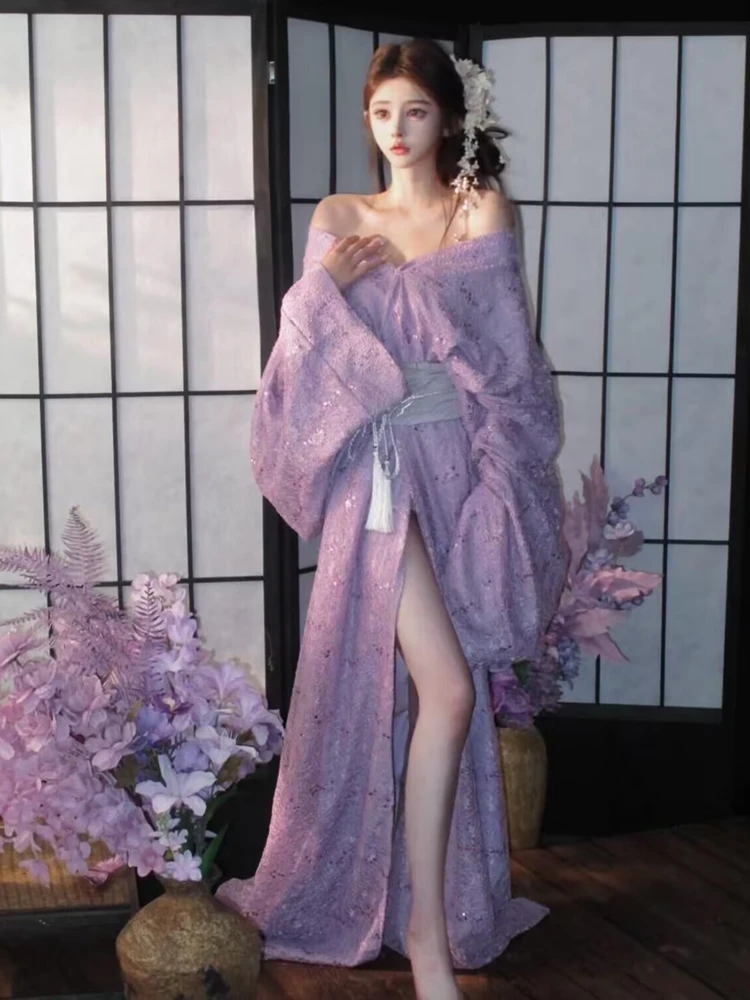 

New Purple Sequin Lace Hanfu Straight Skirt Photography Costume for Women Studio Art Photo Shoots Stage And Ethnic Wear