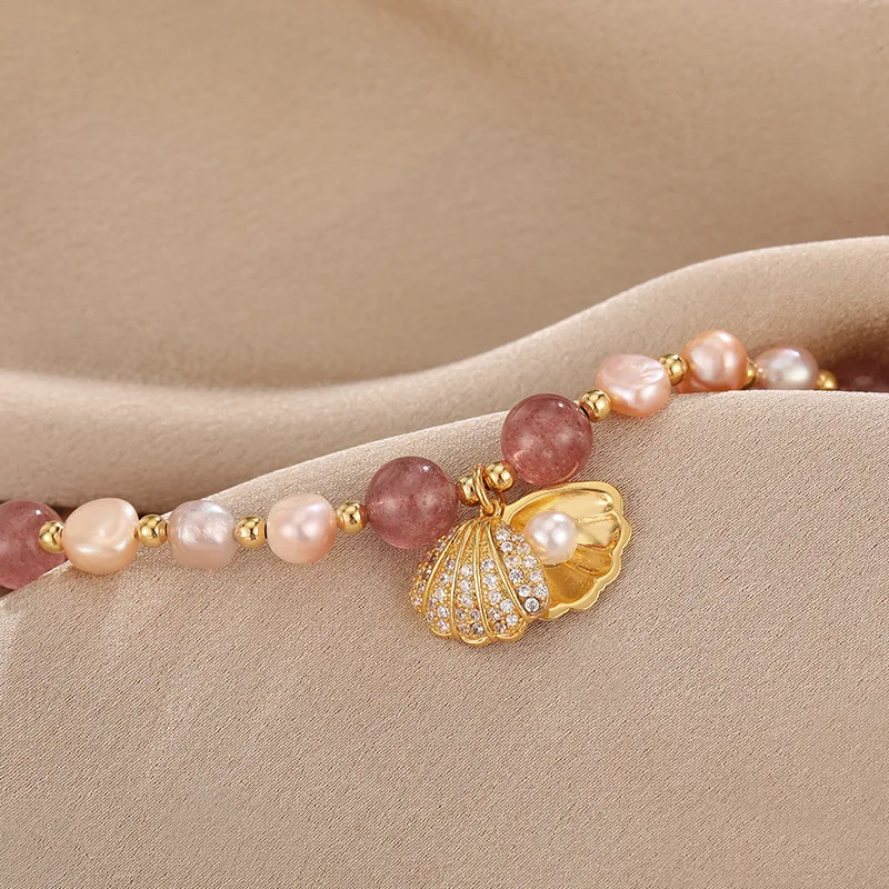 100 % rosa Süßwasserperle und Erdbeerquarz, trendiges Muschel-Design, 14 Karat Gold gefüllt, weibliche Charm-Armbänder für Frauen, Geschenke – Detail 4