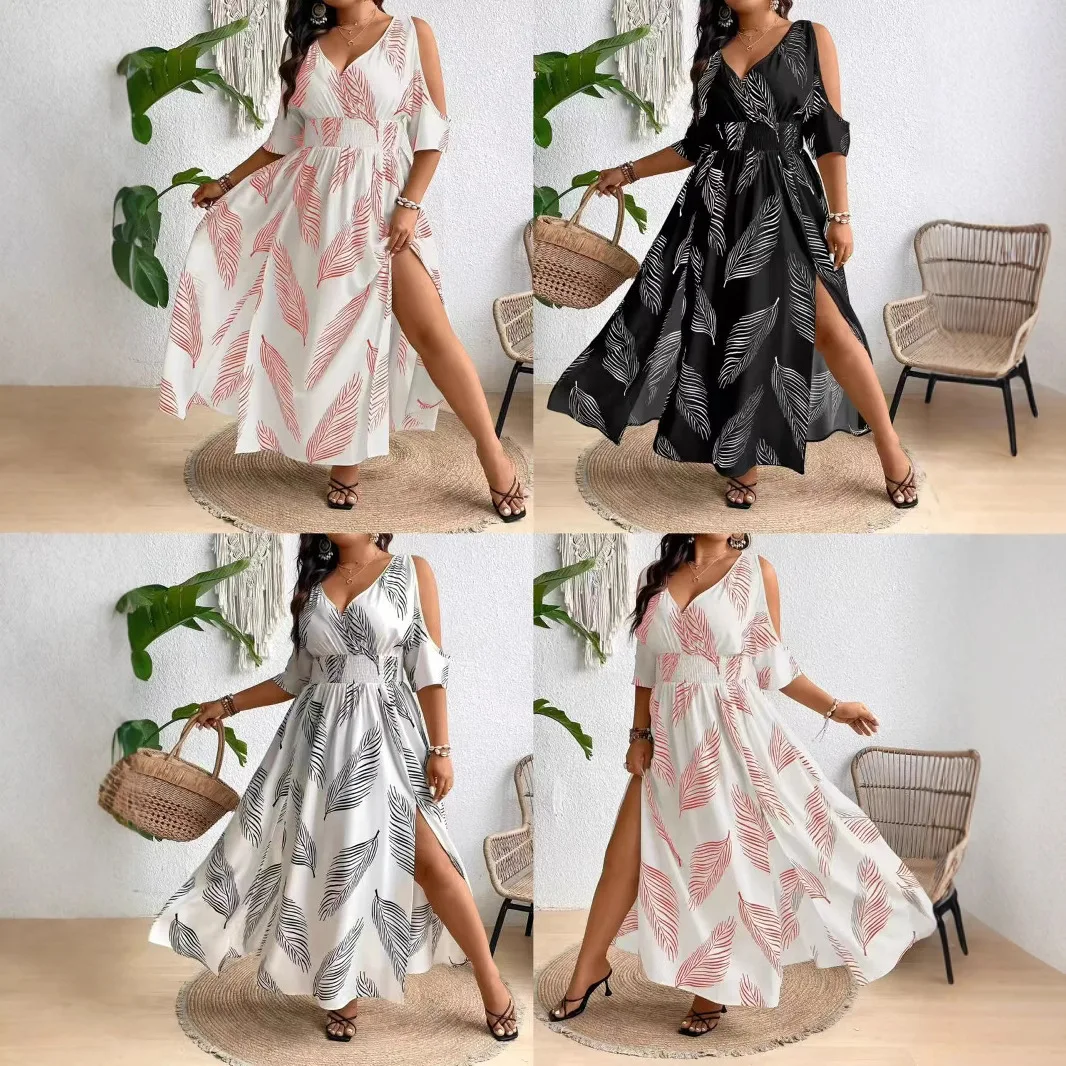 

V-Neck Stylish Sexy Printed Dress Large Size Elegant V-Neck Sleeveless Off-Shoulder Split Dress