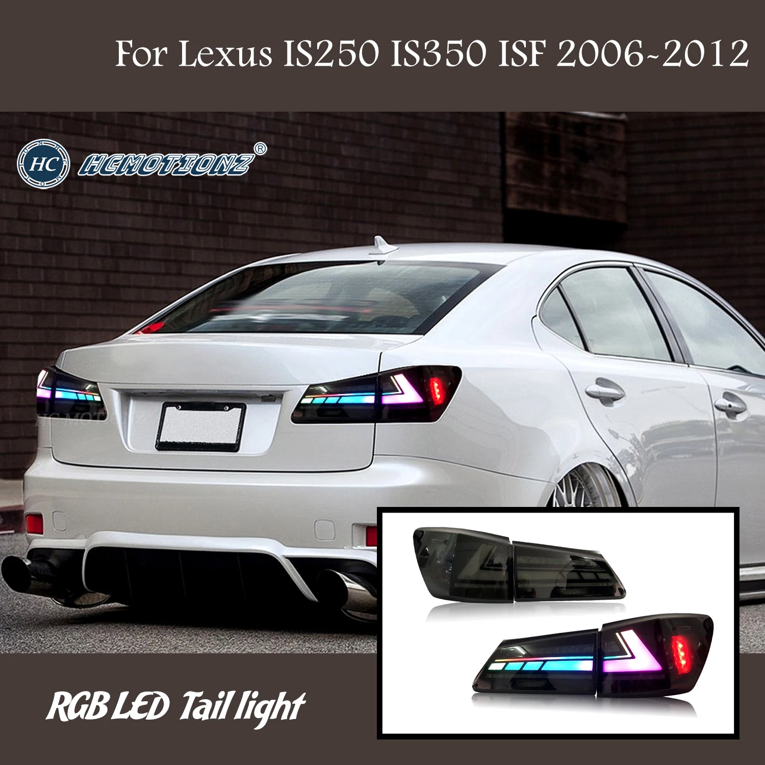 

HCMOTIONZ RGB LED Taillight Assembly for 2006-2013 Lexus IS250/IS350/ISF Sedan Rear Lamps with Start UP Animation Reverse Lights