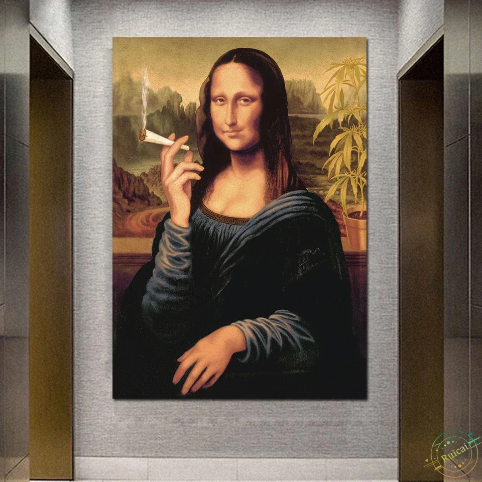(No frame)Mona Lisa Woman Smoking Poster Canvas Painting Print Funny Wall Art  Decoration Picture Nordic Modern For Living Ro