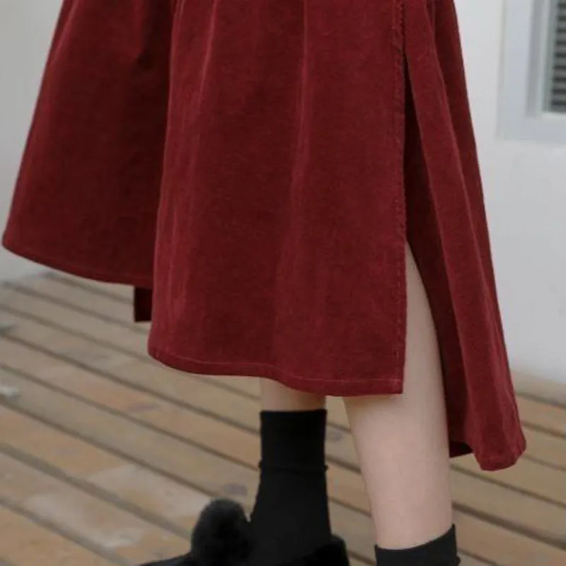 Lucyever Vintage Wine Red Corduroy Skirt Women Autumn Winter Irregular Midi Skirts Female High Waist Long A-line Pleated Skirt