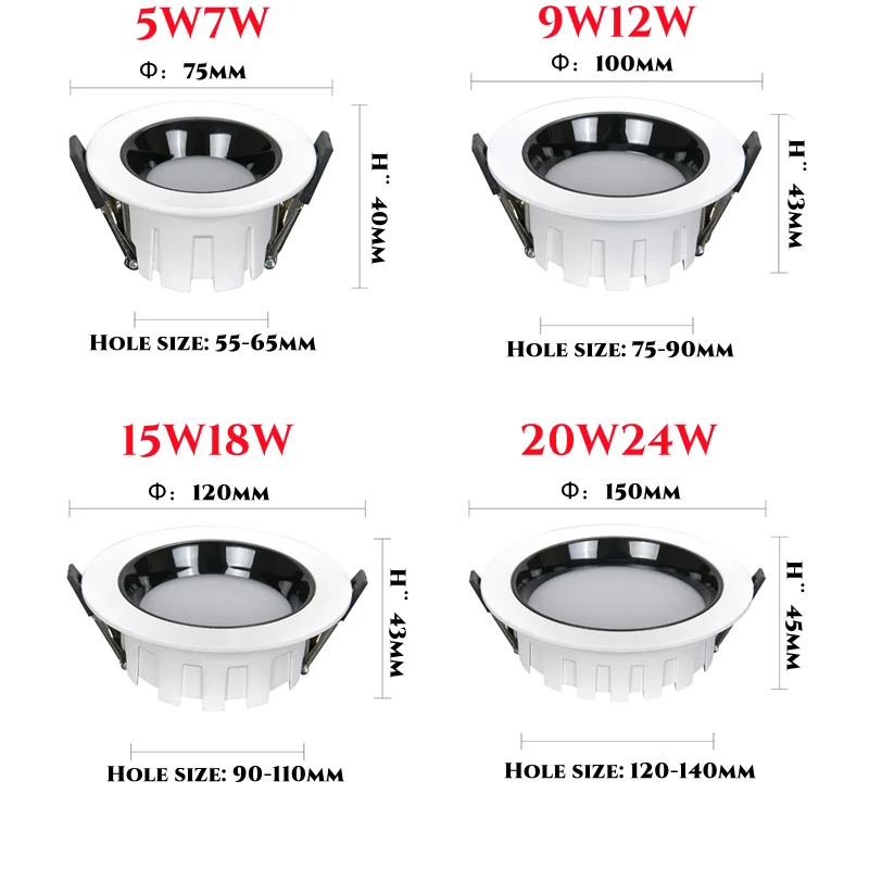 Foco LED empotrado para el hogar, iluminación de techo para sala de estar y dormitorio, sin luz principal ajustable, 2024 LED, 5W, 7W, 9W, 12W, 15W, 18W