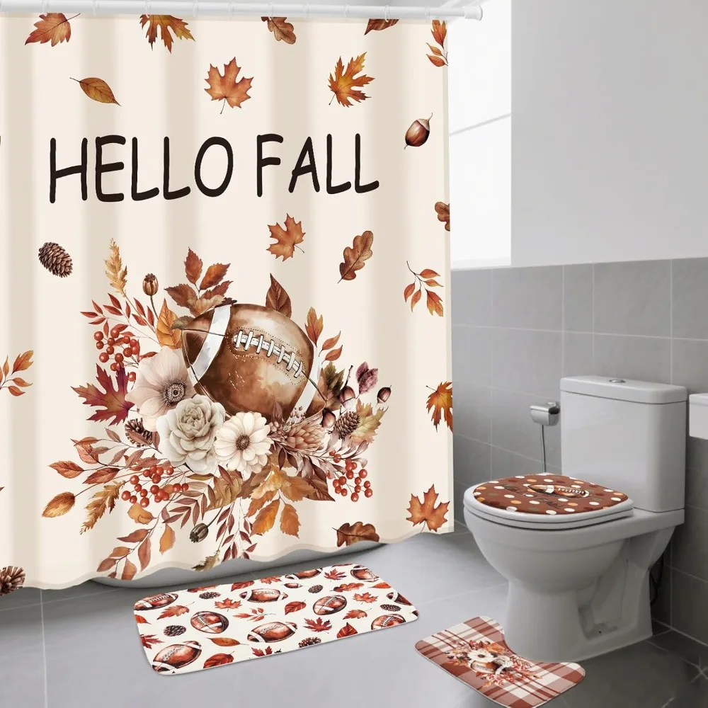

4 шт., наборы занавесок для душа «Hello Fall», 72 x 72 дюйма, осенний футбольный комплект занавесок для ванной комнаты с кленовым листом, нескользящие коврики, крышка для унитаза Cov