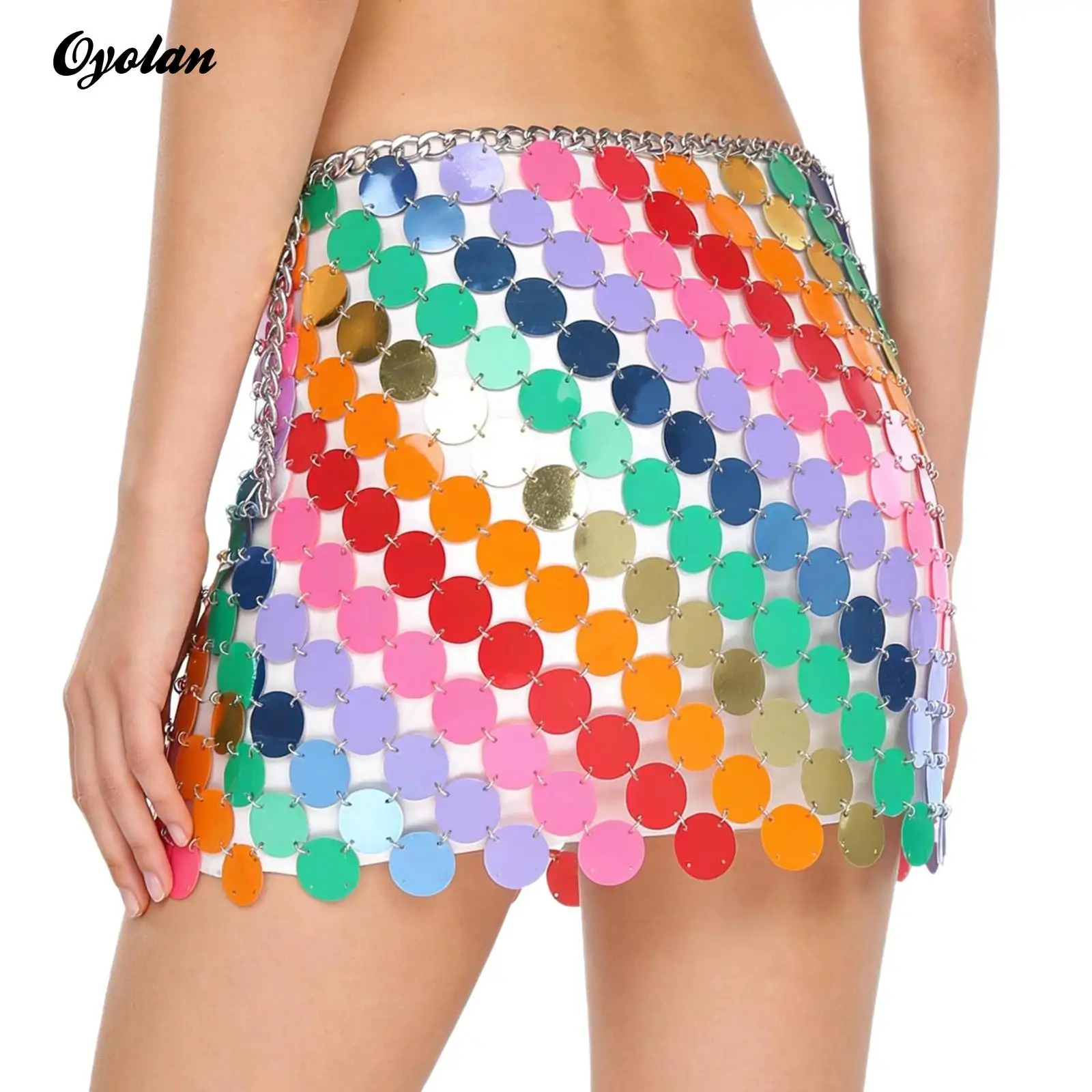 

Женская мини-юбка с блестящими пайетками и точками, костюм для танцев живота, дискотек, концертов, с регулируемой цепочкой на талии с застежкой-карабином, юбка-пояс для клуба
