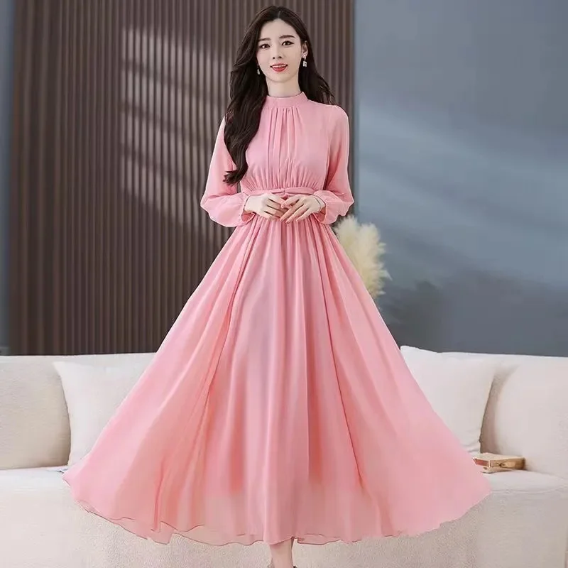

Elegant Boho Women O-Neck Slim Elastic Waist A-Line Midi Dress Batswing Long Sleeve Casual Holiday Office Lady's Vintage Dress