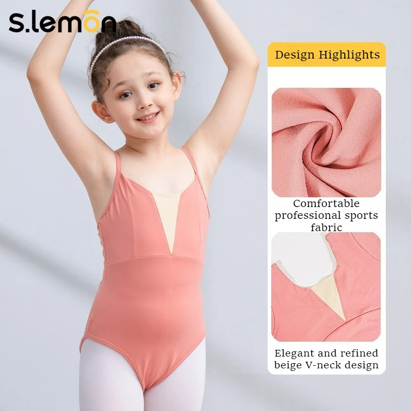 S.limon-leotardo de Ballet para niñas, traje de baile para niños, traje de entrenamiento de gimnasia empalmado frontal con tirantes finos de nailon para niños pequeños