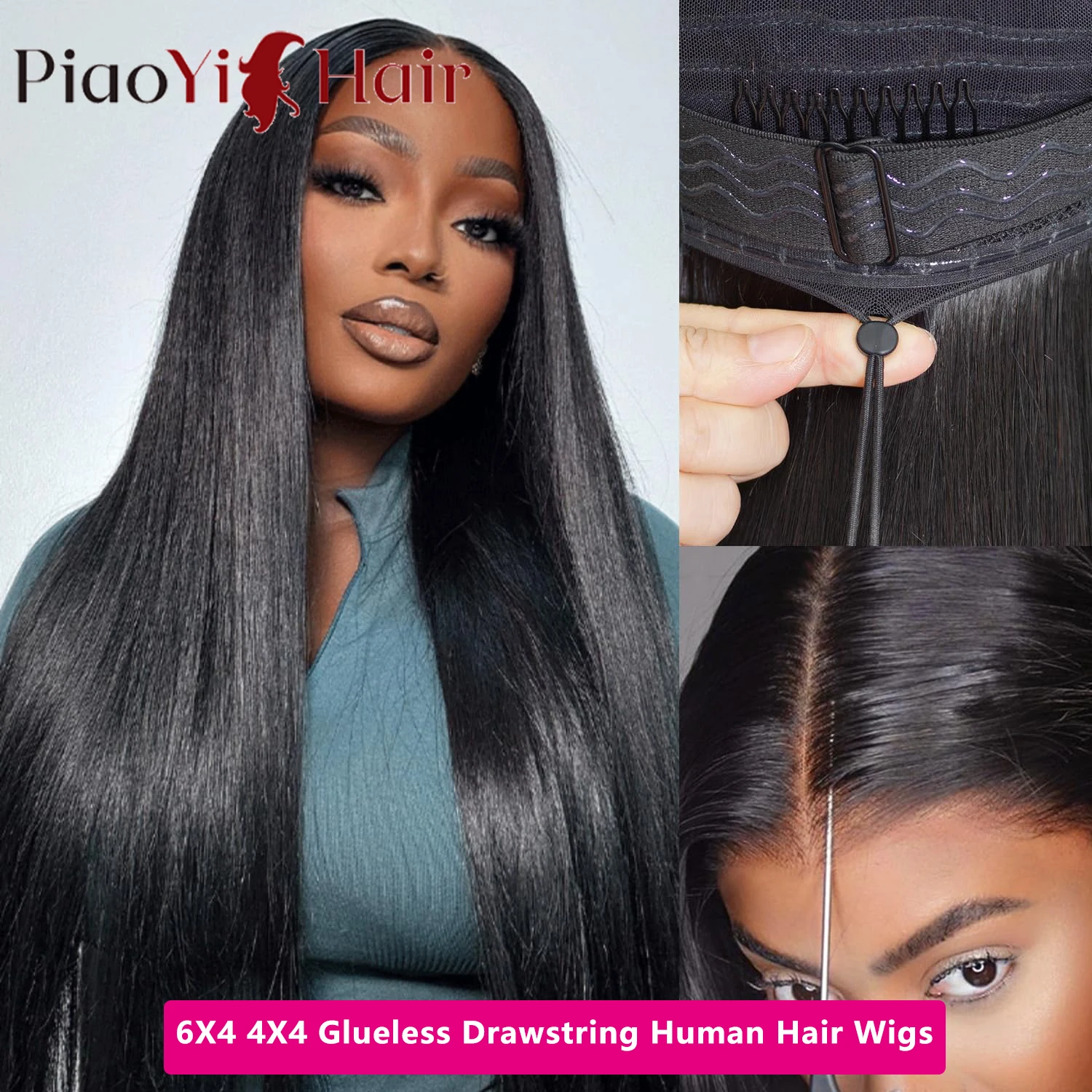 30 Inch Drawstring Straight Glueless Wigs Human Hair Ready To Wear Pre Plucked 6X4 4x4 Lace Closure WigS Bleached Knots
