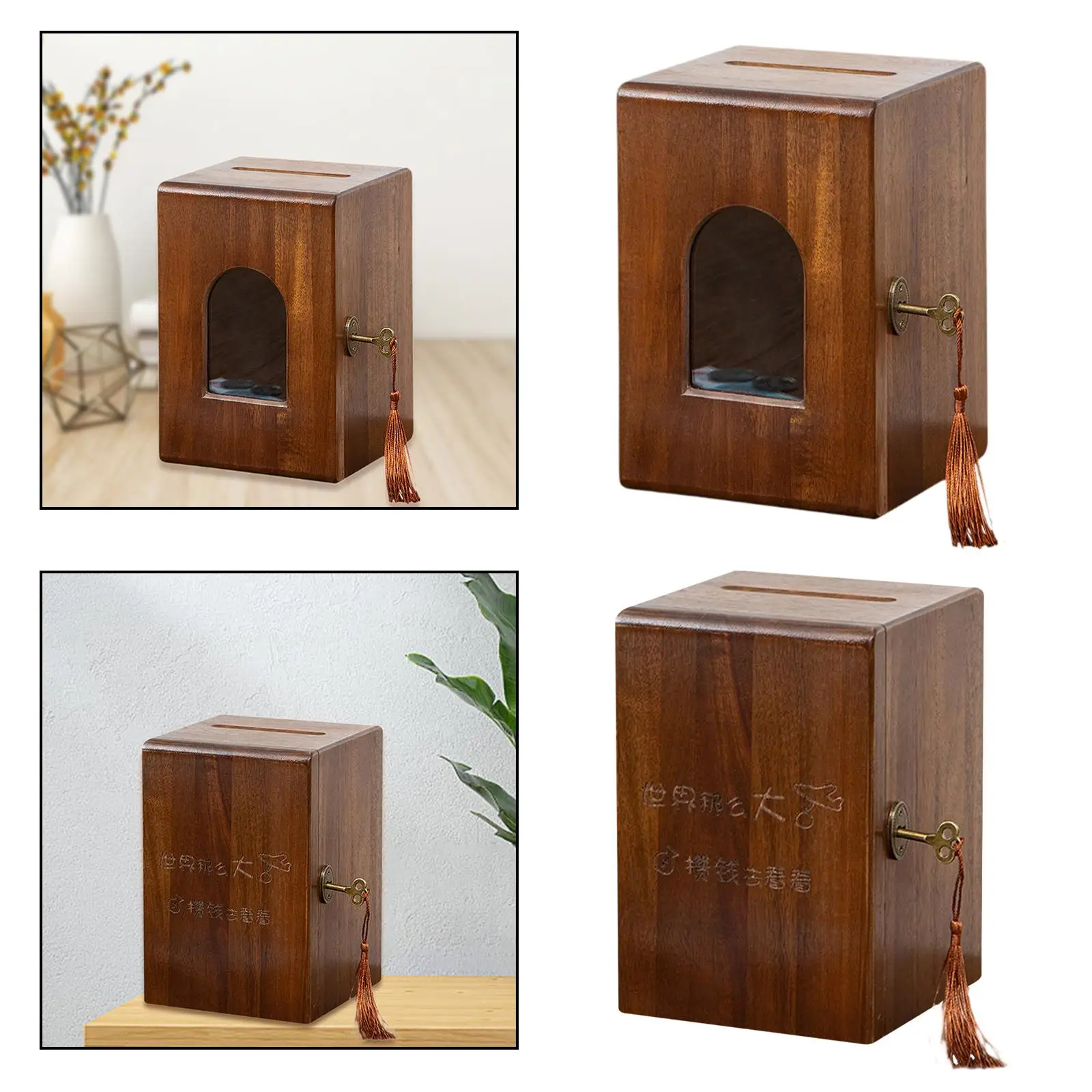 Antique Wooden Piggy Bank with Lock and Key Money Saving Box Treasure Chest Storage for Kids Adults Desk Jewelry Holder