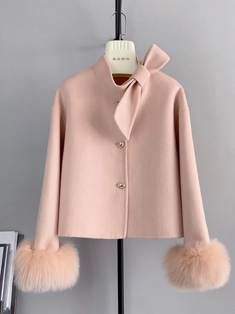 

2025 New Winter Real Natural Fox Fur Cuff Coat Ladies Outwear Female Coat Cashmere Wool Woolen Women Luxury Jacket