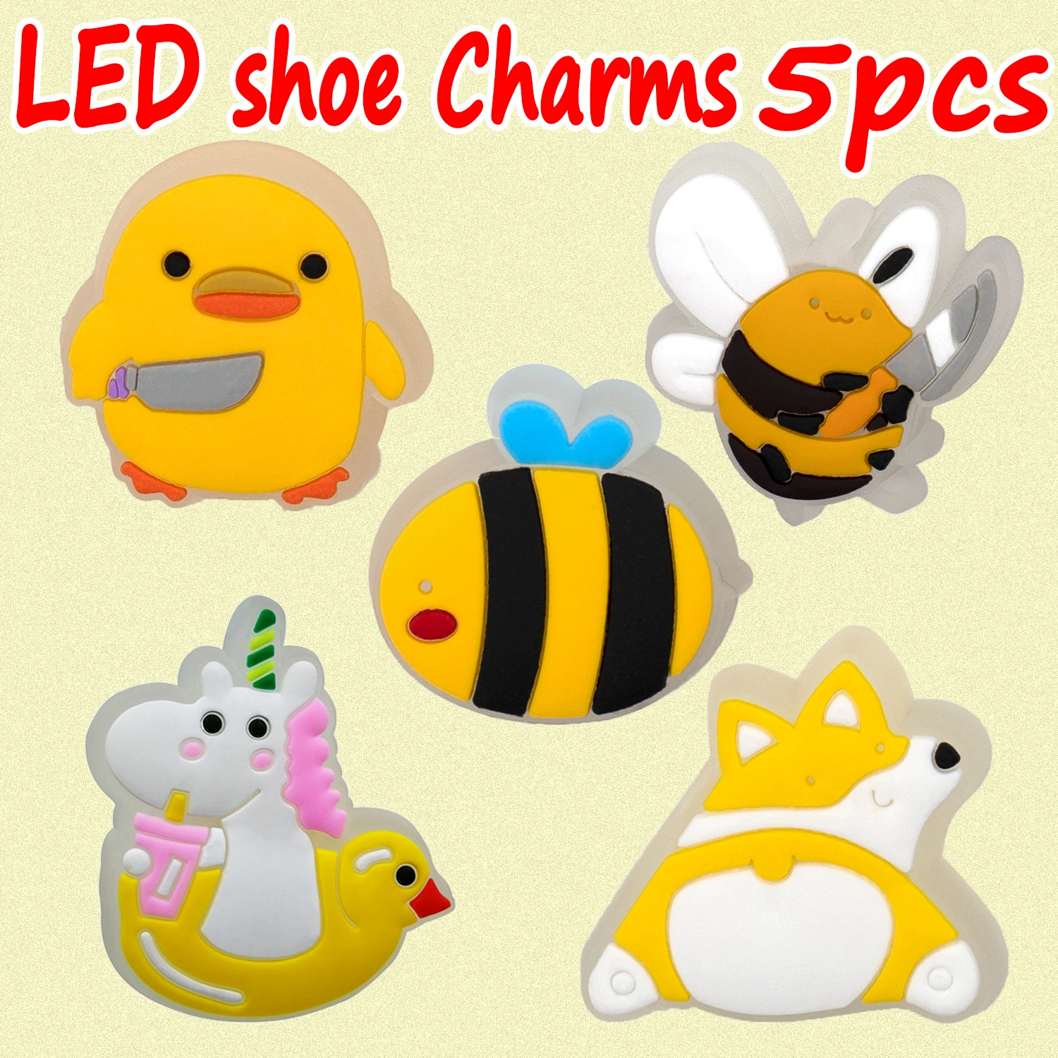 1/5 Stück LED Lustige Tiere Schuh Charms Ente Katze Pinguin Panda Biene Schuh Dekoration Zubehör Weihnachten Pin Clog für Kinder Geschenk