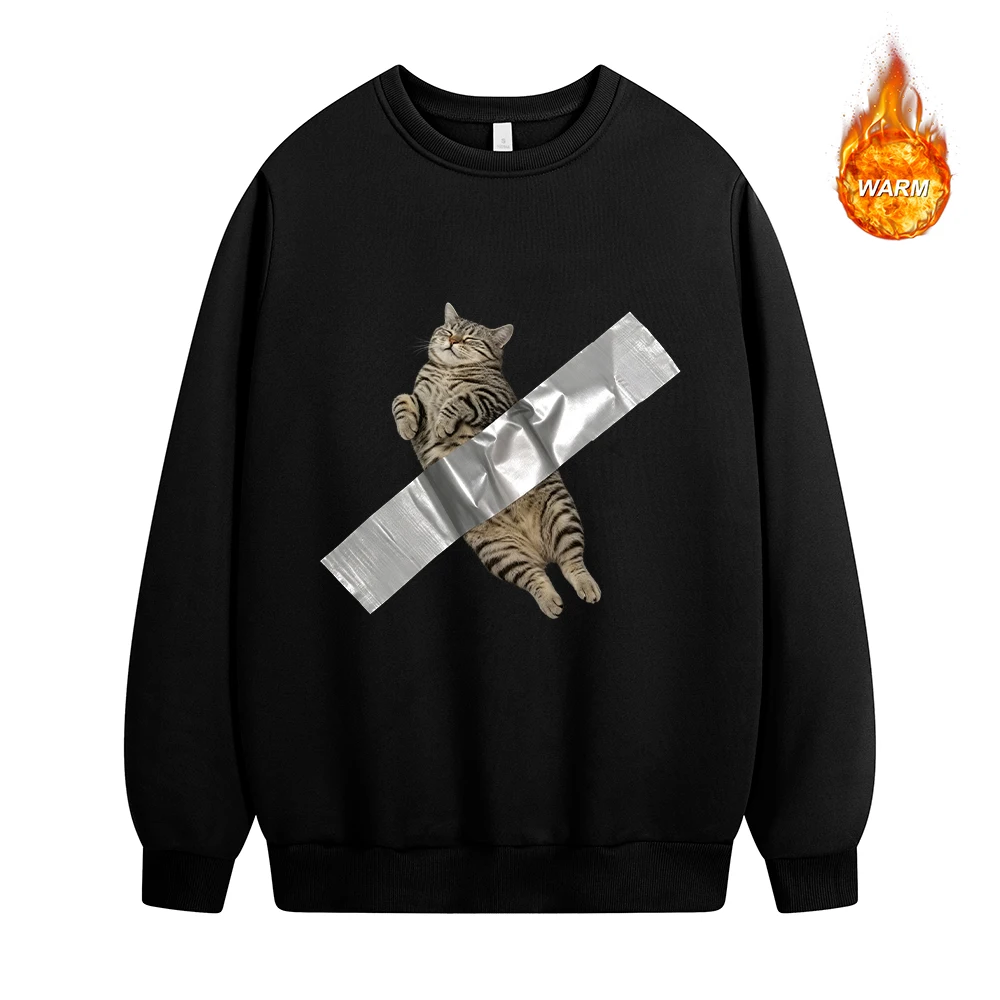 Men's Fun Tape Cat Print Crew Neck Sweatshirt Autumn Thickened Warm Casual Pullover Everyday Street Style Running Commute Top