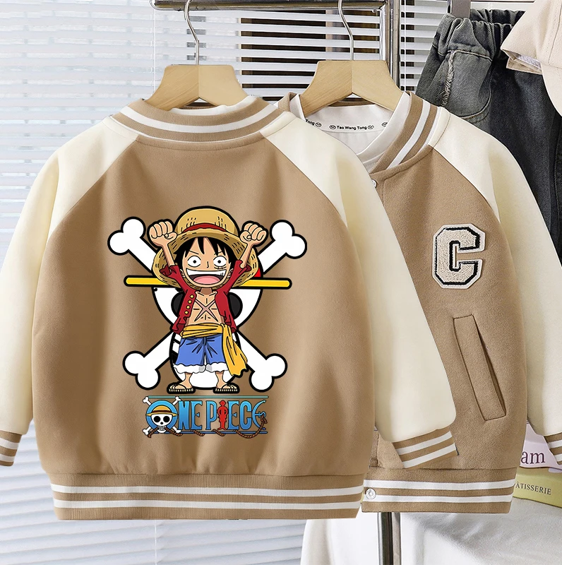 

One Piece Children Jacket Anime Baseball Coat Embroidered Letters Cardigan Spring Autumn Boy Girl Outerwear Comfortable Clothing