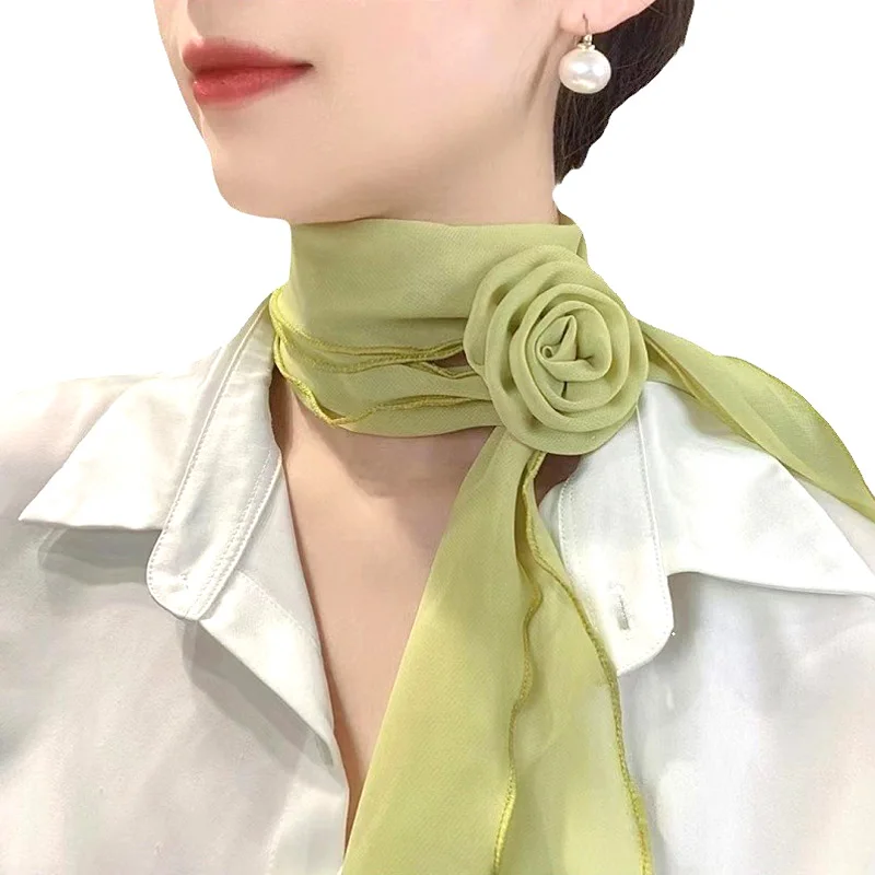 Silk Scarf Decoration Rose Solid Neck Flower Spring/Summer Literary Chiffon Scarf Cover Neck Pattern Korean Edition