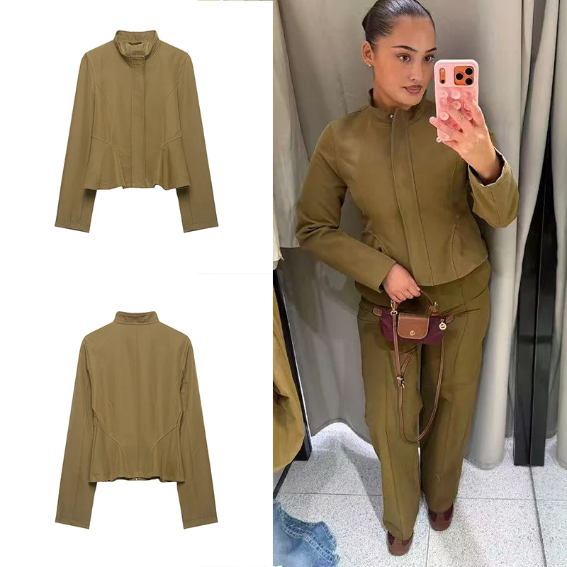 Guobioziy 2026 Autumn Winter Womens Khaki Zip Stand Collar Cropped Jacket Peplum Hem Long Sleeve Slim Versatile Outer Coat