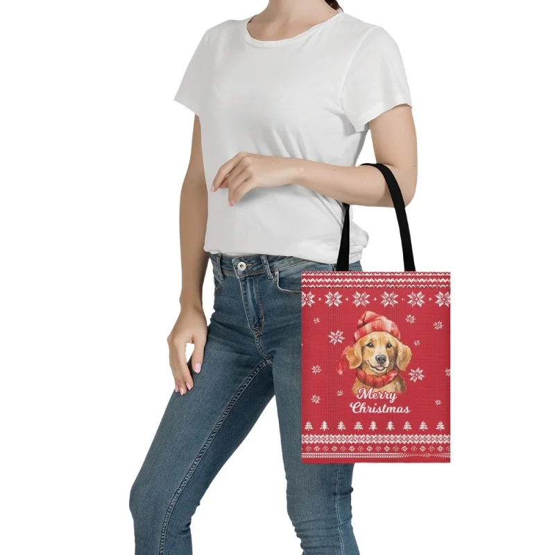 Noisydesigns Cute Dogs Christmas Print Women Canvas Shooping Bags Girls Cloth Shoulder Shopper Red Eco Foldable Reusable Tote