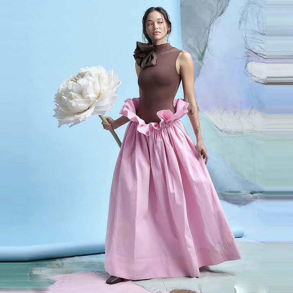 Pink Maxi Long Skirt For Women Unique Elastic Waist Female Office Lady Dance Skirt Evening Party Wear